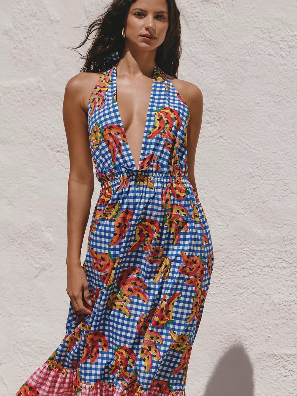 FARM Rio Blue and Pink Gingham Halter Maxi Dress with Multicolor Print - Picture 3 of 5